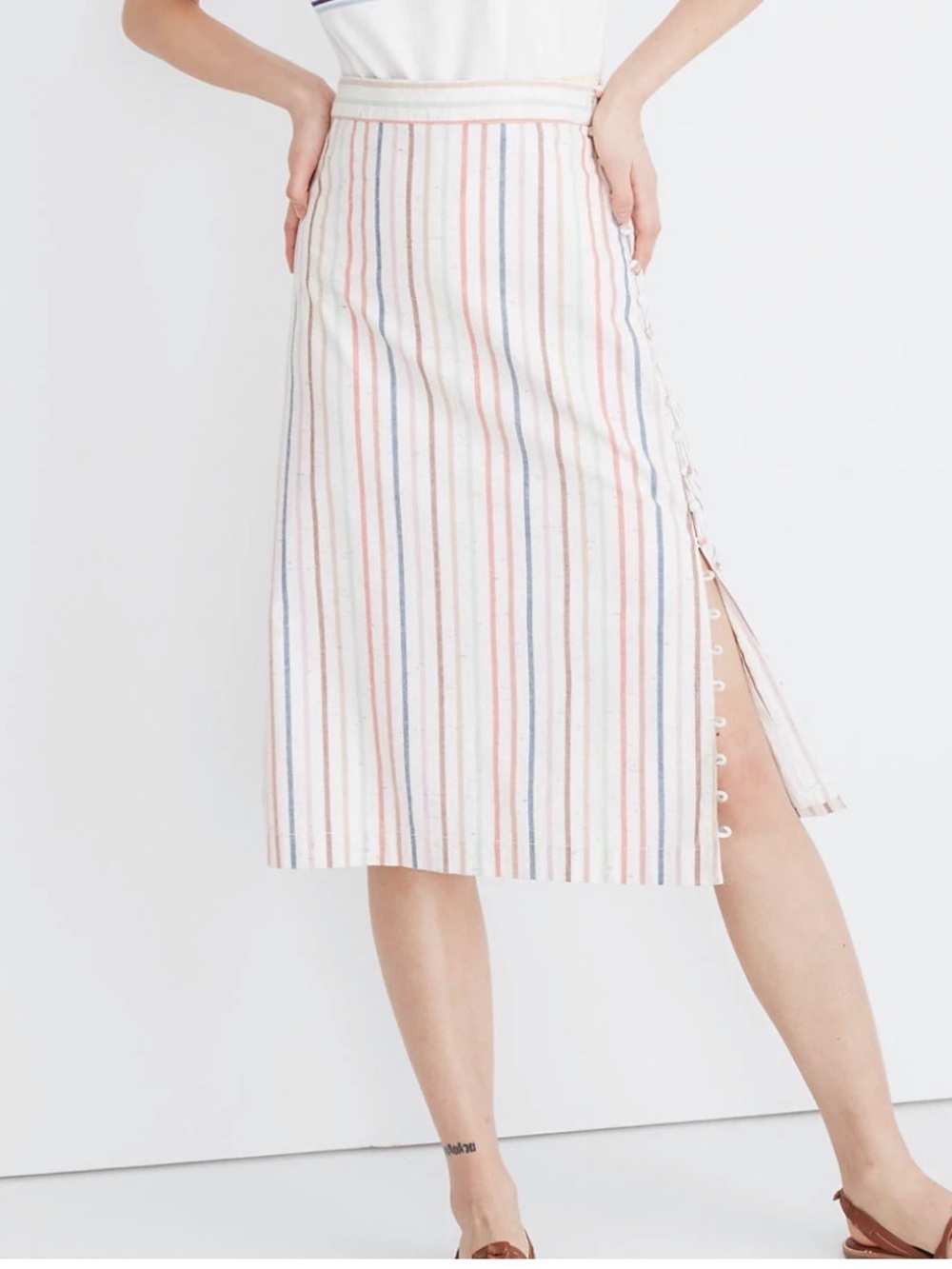 Madewell multi colored Striped button Side-Slit Midi Skirt linen blend 8, 10